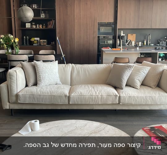 ספה עם כריות לבנות ואפורות בסלון מודרני